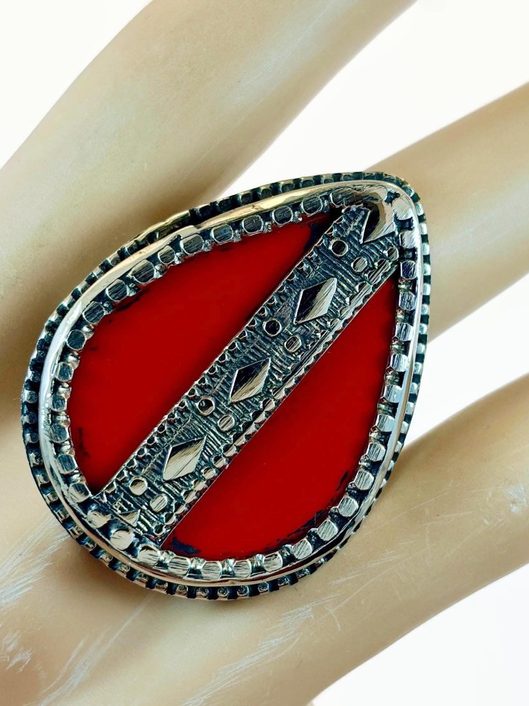 Vintage Ring, Afghan, Red Glass: Middle Eastern, Silver, Ethnic, Bohemian, Big